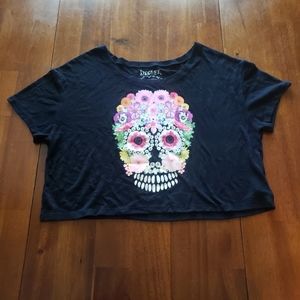 Decree Black Pink Orange Floral Skull Crop Top